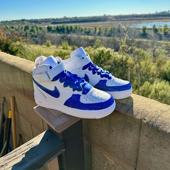 Nike Shoes - Custom Nike Air AF1 Blue Mid-Top Shoes, Rhinestone Wedding Shoes